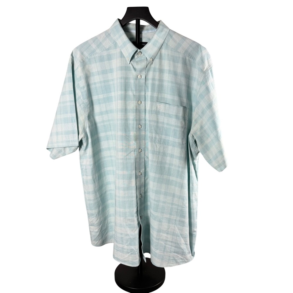 Ariat Pro Series Mens Short Sleeve Plaid Button Down Shirt Blue White XL